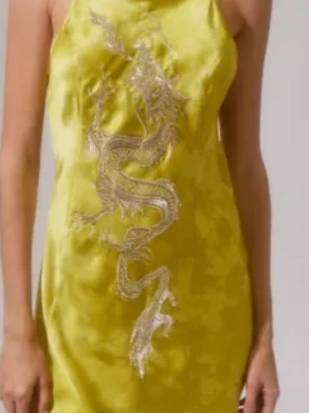 Urban Outfitters Lime Satin Halter Dress with Gold Dragon Embroidery